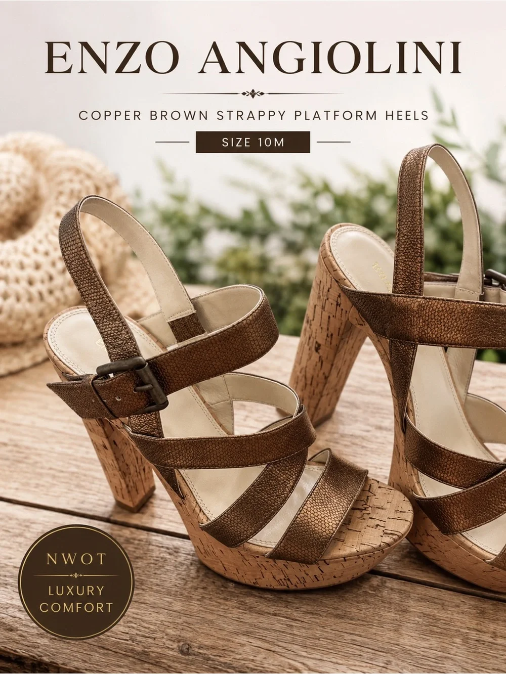 NWOT Enzo Angiolini Copper Brown Strappy Platform Heels Size 10M
